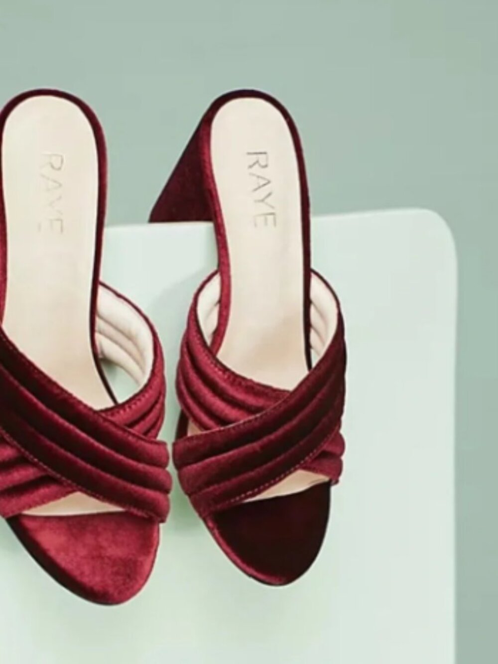 RAYE Red Wine Velvet Crisscross Open Toe Mule Heels, size 8.5